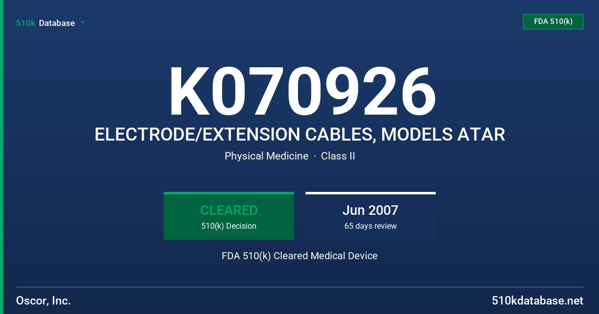K070926 ELECTRODE/EXTENSION CABLES, MODELS ATAR FDA 510(k) Cleared Medical Device