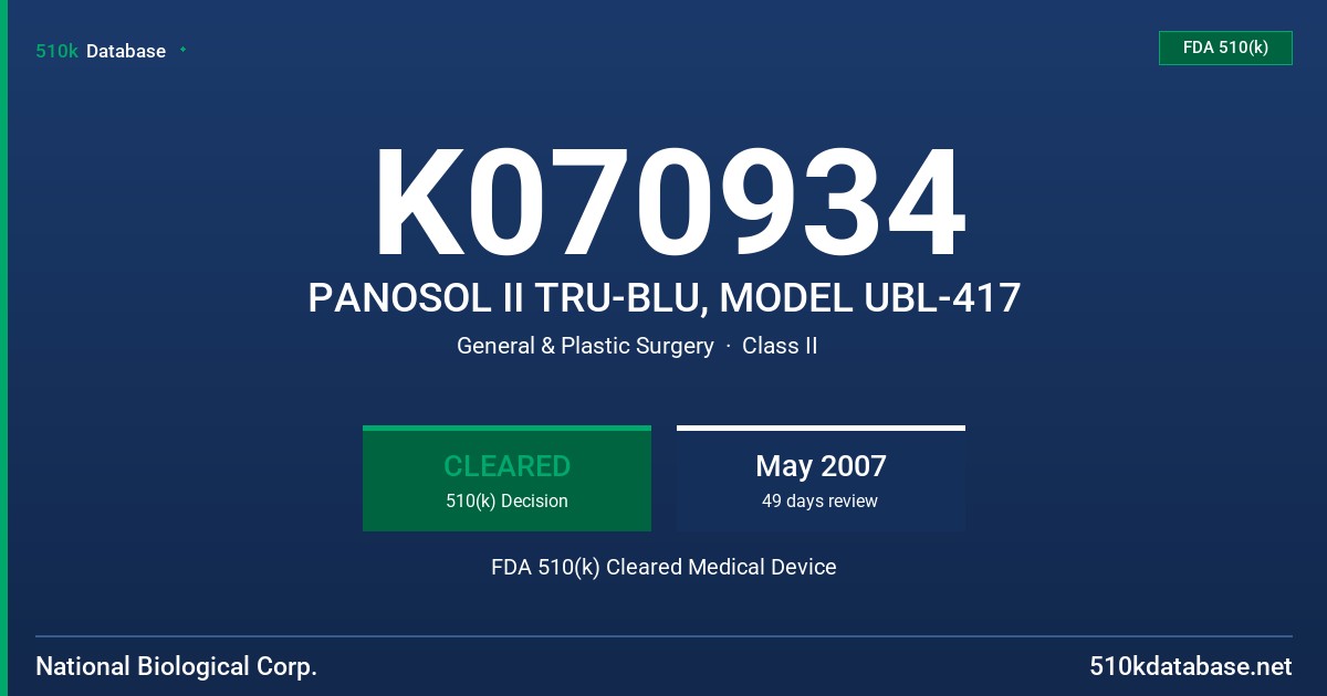 K070934 PANOSOL II TRU-BLU, MODEL UBL-417 FDA 510(k) Cleared Medical Device