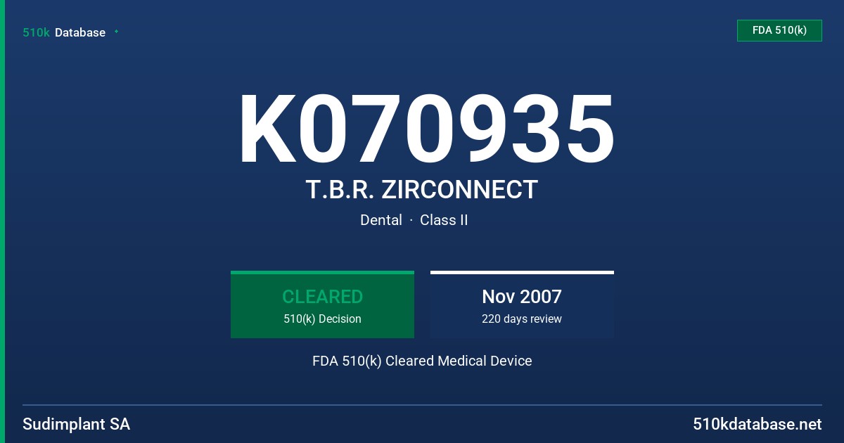 K070935 T.B.R. ZIRCONNECT FDA 510(k) Cleared Medical Device