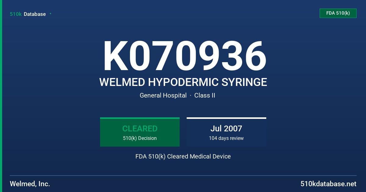 K070936 WELMED HYPODERMIC SYRINGE FDA 510(k) Cleared Medical Device