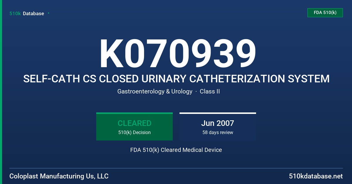 K070939 SELF-CATH CS CLOSED URINARY CATHETERIZATION SYSTEM FDA 510(k) Cleared Medical Device