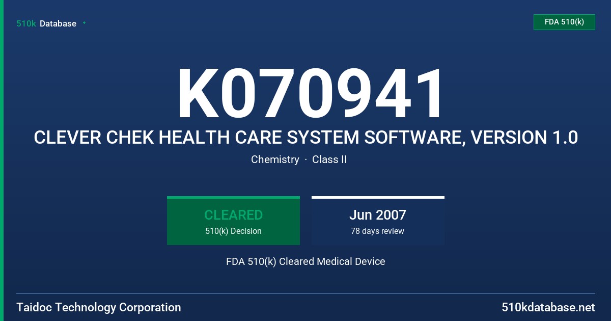 K070941 CLEVER CHEK HEALTH CARE SYSTEM SOFTWARE, VERSION 1.0 FDA 510(k) Cleared Medical Device