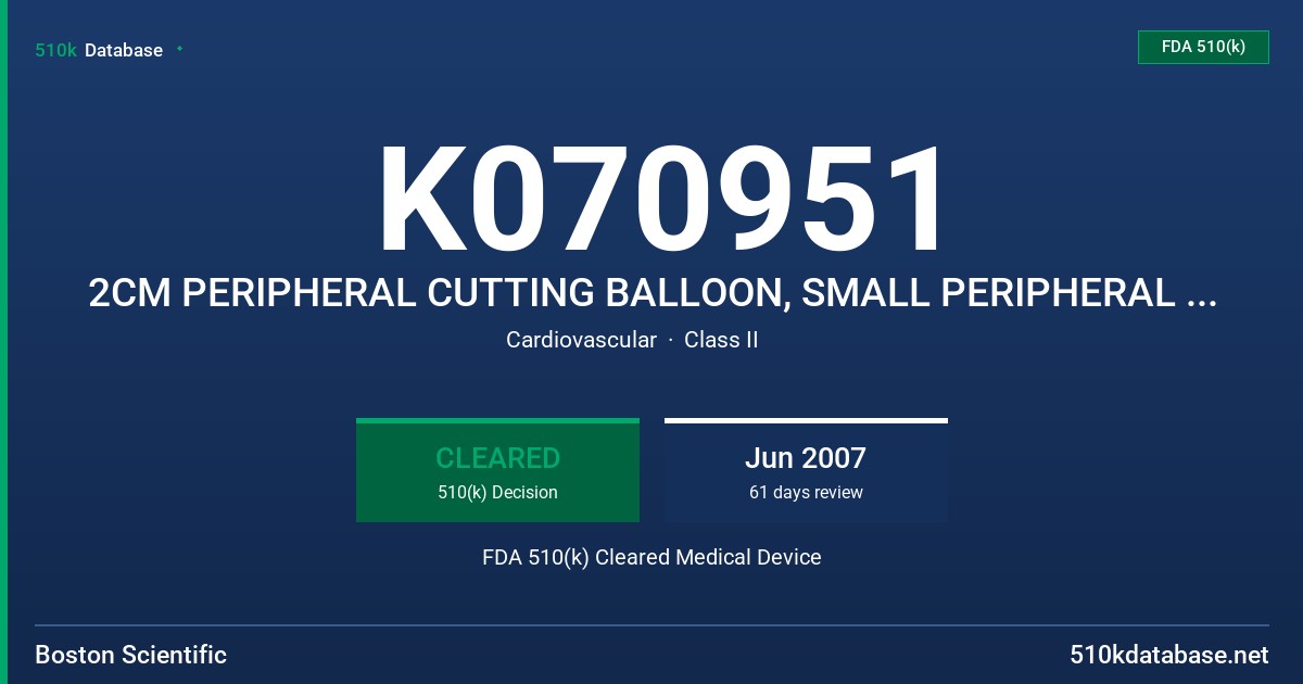 K070951 2CM PERIPHERAL CUTTING BALLOON, SMALL PERIPHERAL CUTTING BALLOON WITH MONORAIL AND OVER-THE-WIRE DELIVERY SYSTEMS FDA 510(k) Cleared Medical Device