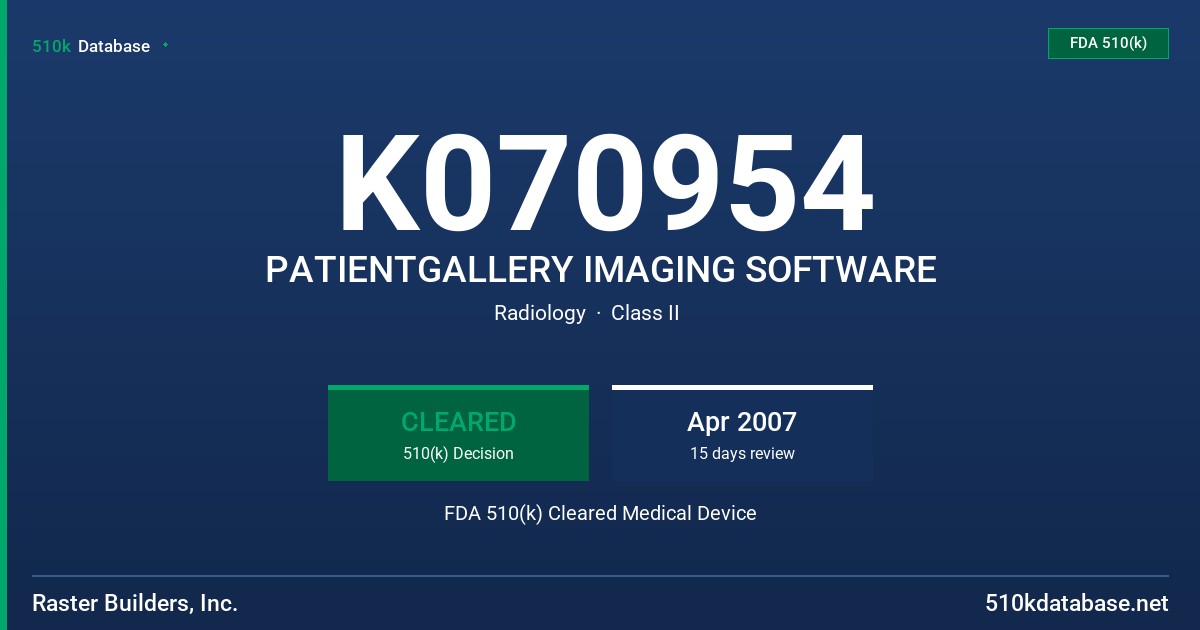 K070954 PATIENTGALLERY IMAGING SOFTWARE FDA 510(k) Cleared Medical Device