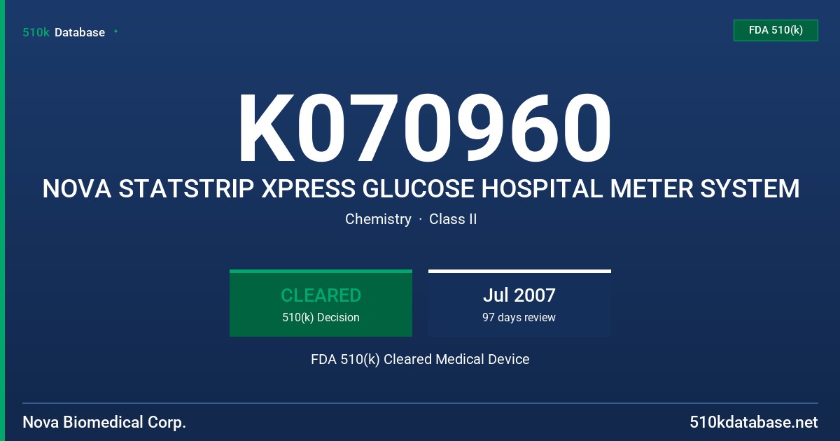 K070960 NOVA STATSTRIP XPRESS GLUCOSE HOSPITAL METER SYSTEM FDA 510(k) Cleared Medical Device
