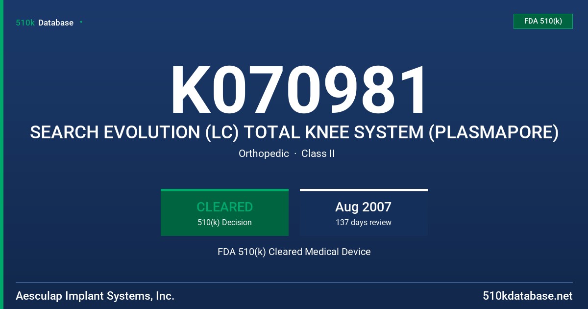 K070981 SEARCH EVOLUTION (LC) TOTAL KNEE SYSTEM (PLASMAPORE) FDA 510(k) Cleared Medical Device