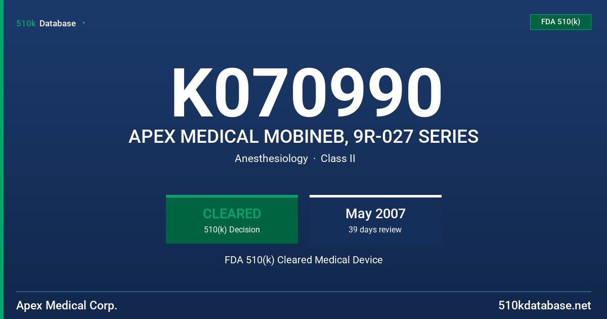 K070990 APEX MEDICAL MOBINEB, 9R-027 SERIES FDA 510(k) Cleared Medical Device