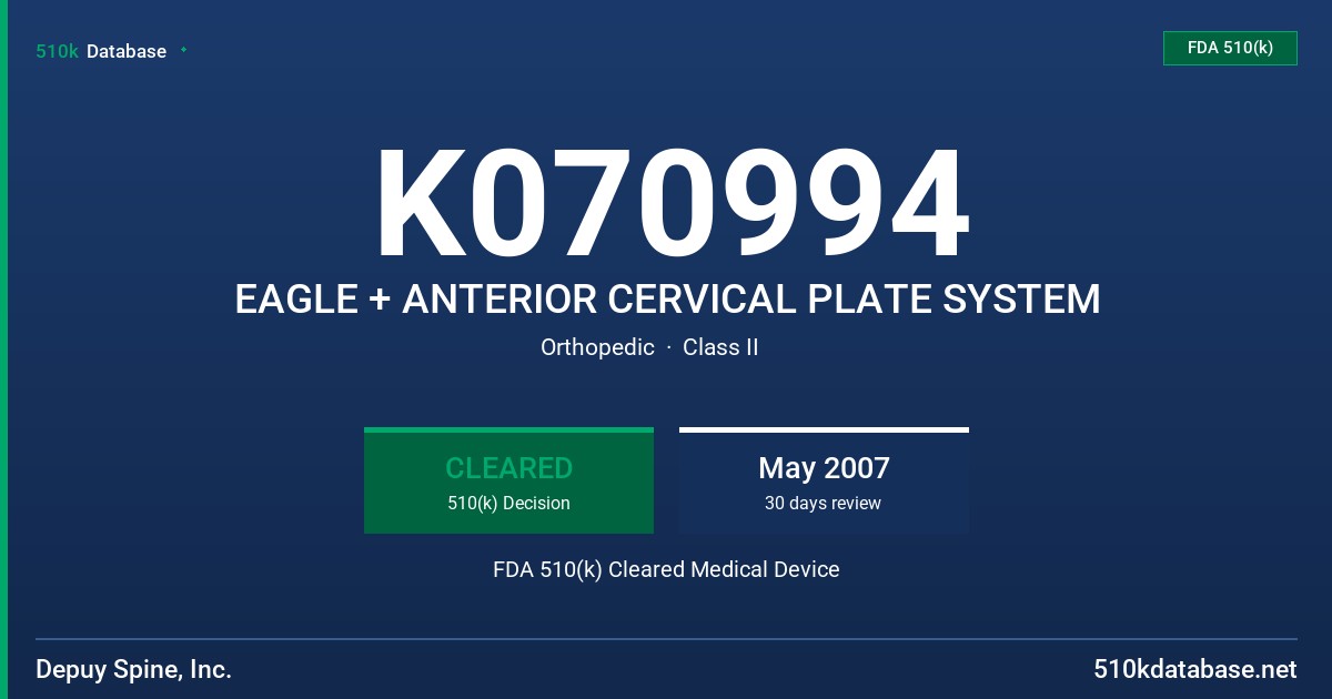 K070994 EAGLE + ANTERIOR CERVICAL PLATE SYSTEM FDA 510(k) Cleared Medical Device