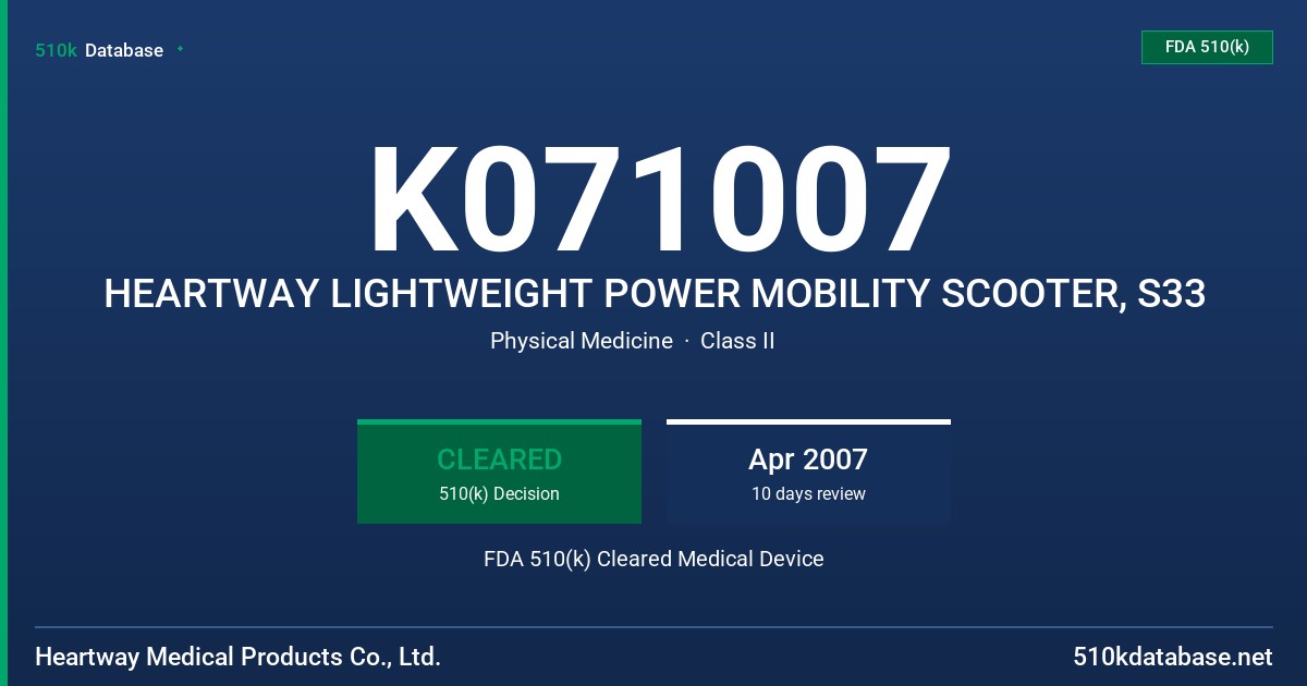 K071007 HEARTWAY LIGHTWEIGHT POWER MOBILITY SCOOTER, S33 FDA 510(k) Cleared Medical Device