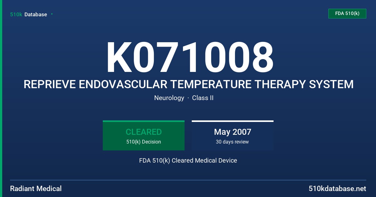 K071008 REPRIEVE ENDOVASCULAR TEMPERATURE THERAPY SYSTEM FDA 510(k) Cleared Medical Device