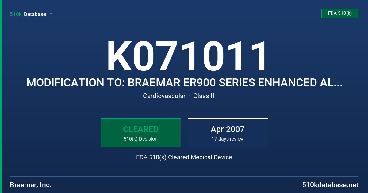 K071011 MODIFICATION TO: BRAEMAR ER900 SERIES ENHANCED ALGORITHM ECG EVENT RECORDER FDA 510(k) Cleared Medical Device