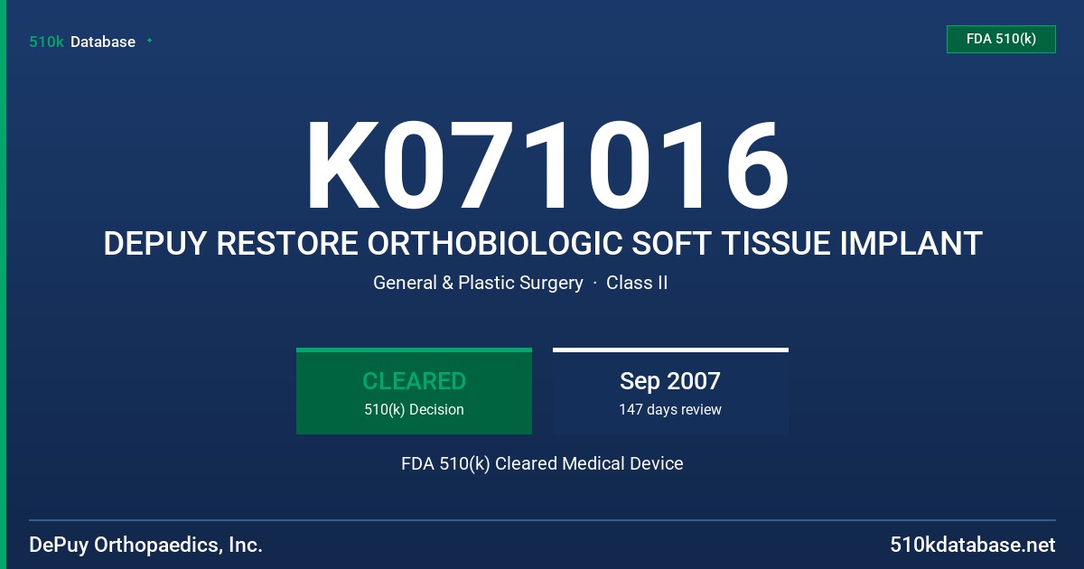 K071016 DEPUY RESTORE ORTHOBIOLOGIC SOFT TISSUE IMPLANT FDA 510(k) Cleared Medical Device