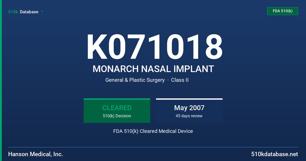 K071018 MONARCH NASAL IMPLANT FDA 510(k) Cleared Medical Device