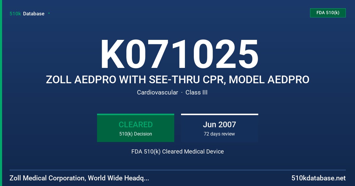 K071025 ZOLL AEDPRO WITH SEE-THRU CPR, MODEL AEDPRO FDA 510(k) Cleared Medical Device