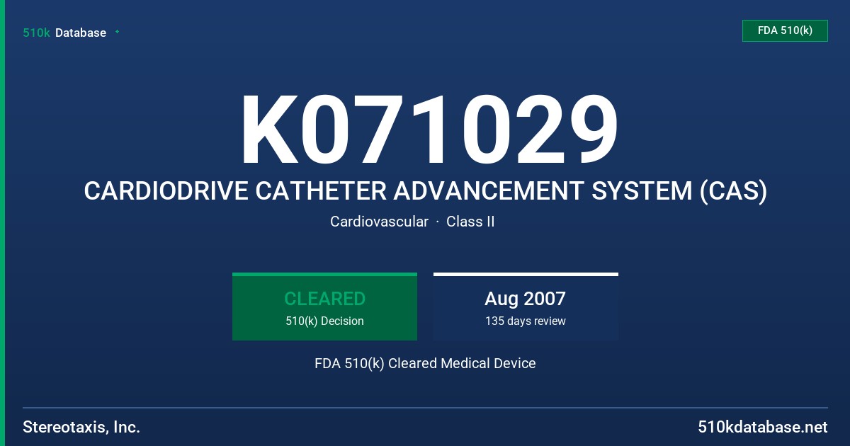 K071029 CARDIODRIVE CATHETER ADVANCEMENT SYSTEM (CAS) FDA 510(k) Cleared Medical Device