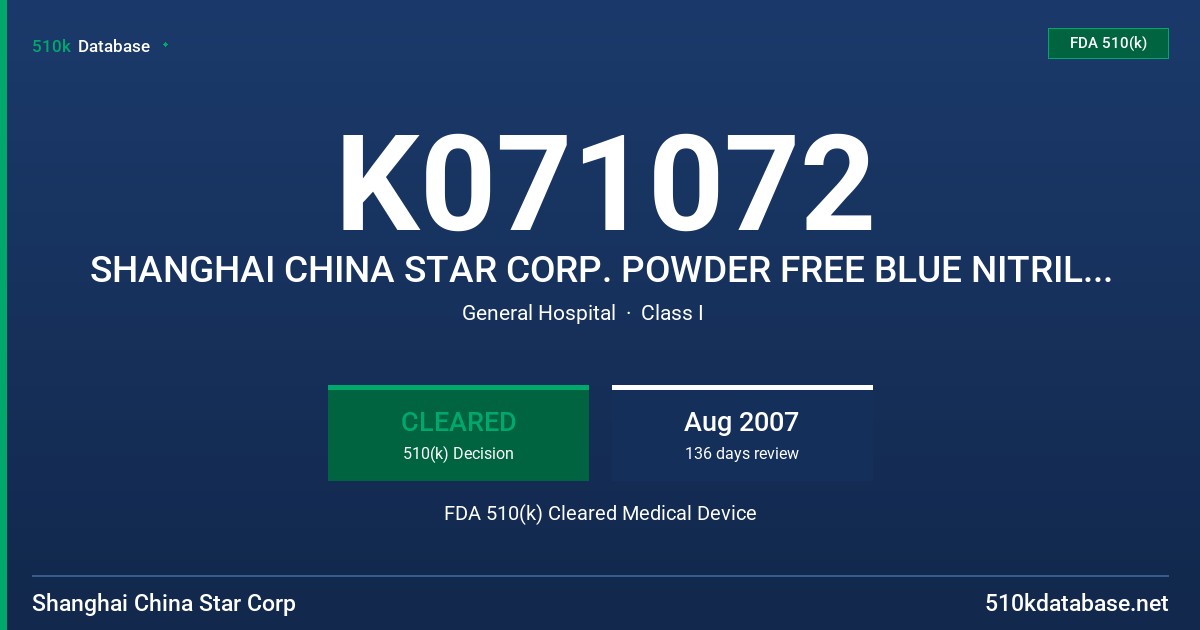 K071072 SHANGHAI CHINA STAR CORP. POWDER FREE BLUE NITRILE PATIENT EXAMINATION GLOVE FDA 510(k) Cleared Medical Device