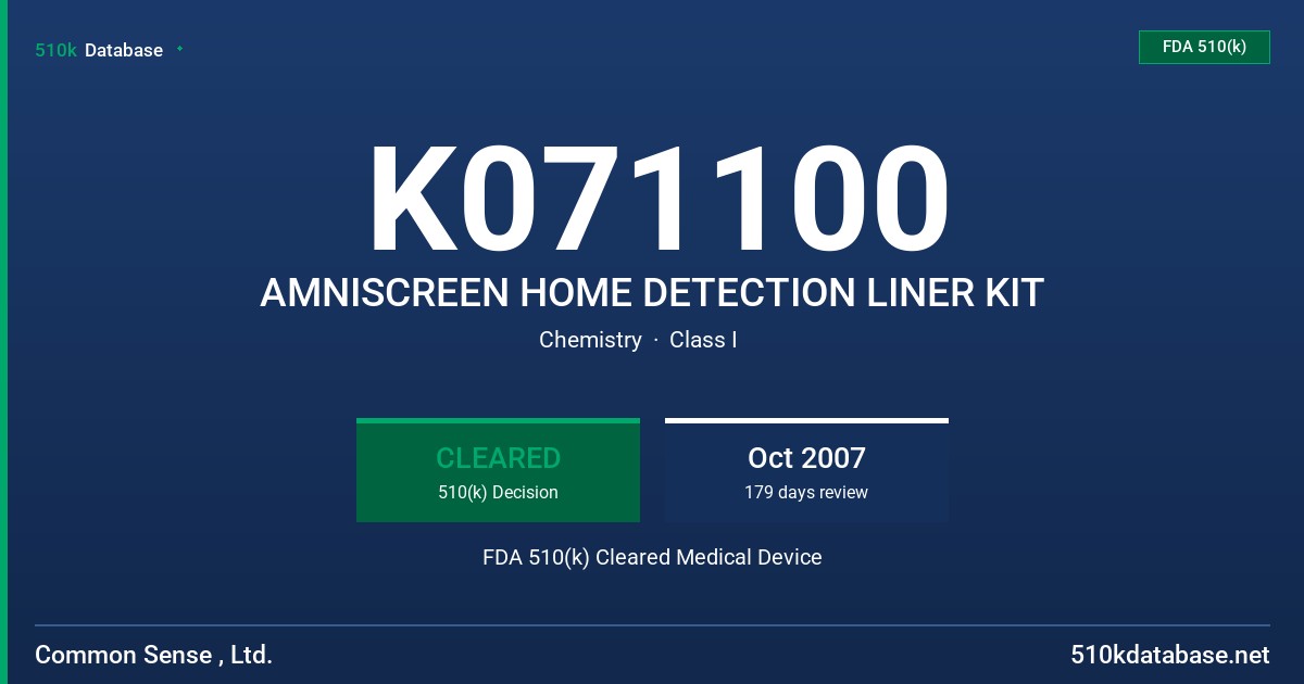 K071100 AMNISCREEN HOME DETECTION LINER KIT FDA 510(k) Cleared Medical Device