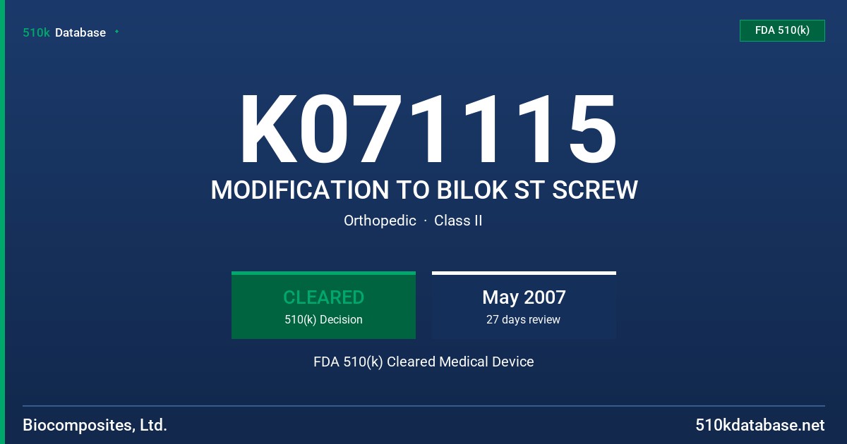 K071115 MODIFICATION TO BILOK ST SCREW FDA 510(k) Cleared Medical Device