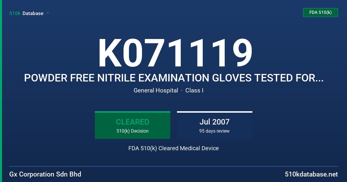 K071119 POWDER FREE NITRILE EXAMINATION GLOVES TESTED FOR USE WITH CHEMOTHERAPY DRUGS (BLUE, WHITE) FDA 510(k) Cleared Medical Device