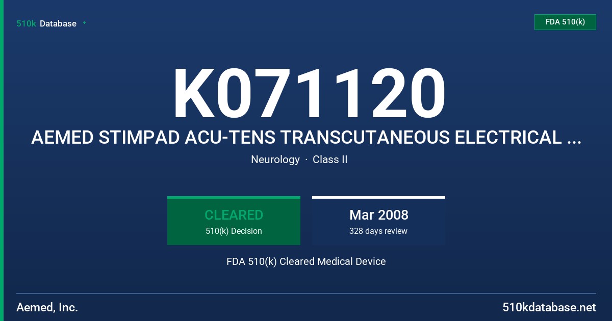 K071120 AEMED STIMPAD ACU-TENS TRANSCUTANEOUS ELECTRICAL NERVE STIMULATOR, MODEL 021999 FDA 510(k) Cleared Medical Device