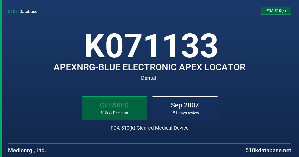K071133 APEXNRG-BLUE ELECTRONIC APEX LOCATOR FDA 510(k) Cleared Medical Device