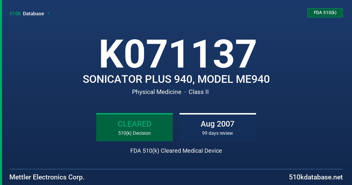 K071137 SONICATOR PLUS 940, MODEL ME940 FDA 510(k) Cleared Medical Device