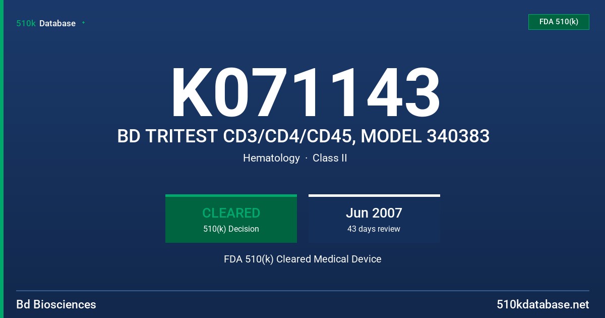 K071143 BD TRITEST CD3/CD4/CD45, MODEL 340383 FDA 510(k) Cleared Medical Device