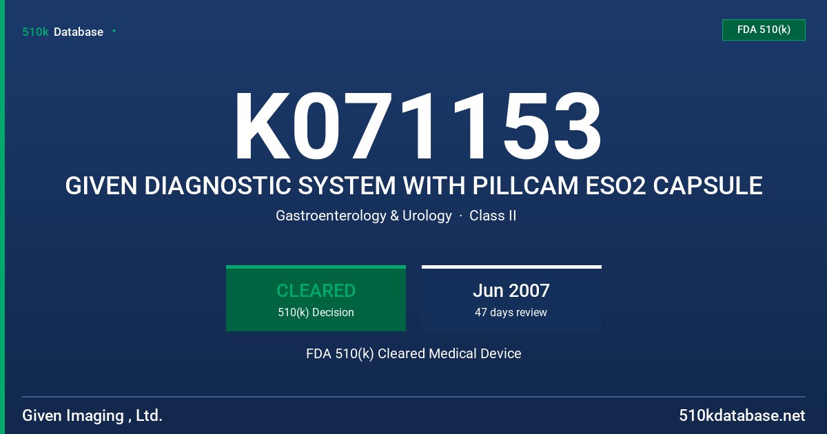 K071153 GIVEN DIAGNOSTIC SYSTEM WITH PILLCAM ESO2 CAPSULE FDA 510(k) Cleared Medical Device