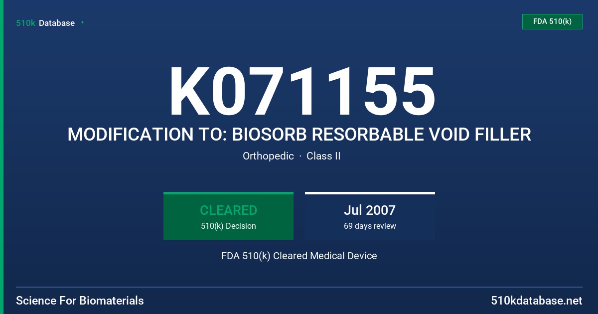 K071155 MODIFICATION TO: BIOSORB RESORBABLE VOID FILLER FDA 510(k) Cleared Medical Device