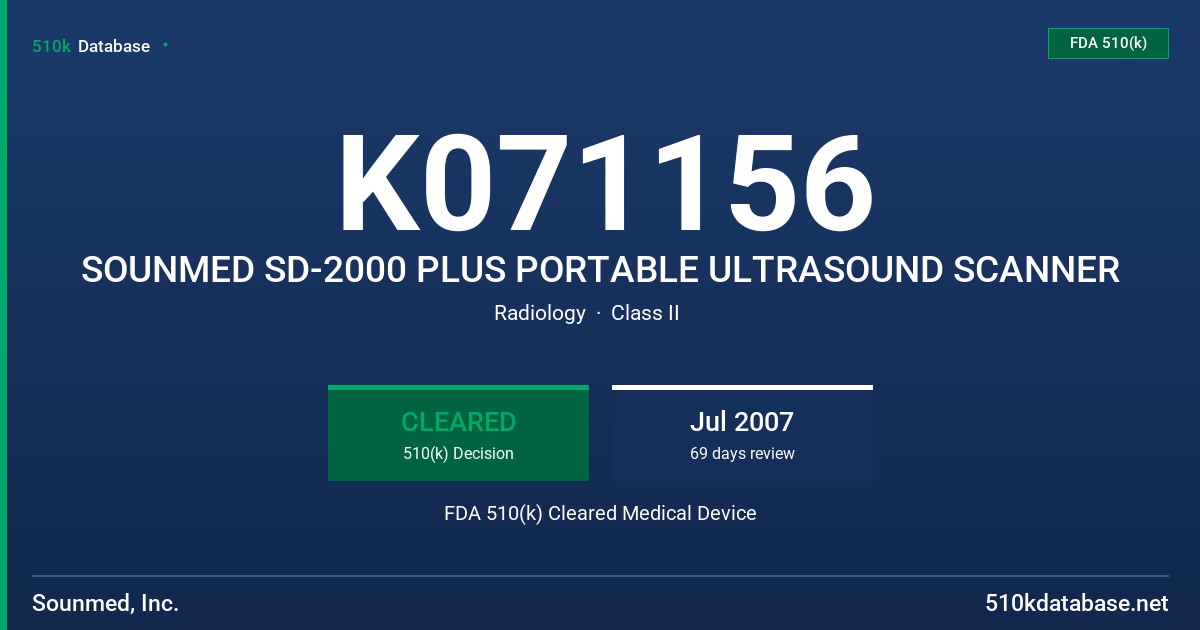 K071156 SOUNMED SD-2000 PLUS PORTABLE ULTRASOUND SCANNER FDA 510(k) Cleared Medical Device