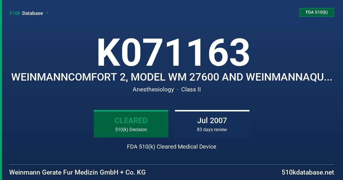 K071163 WEINMANNCOMFORT 2, MODEL WM 27600 AND WEINMANNAQUA, MODEL WM 27603 FDA 510(k) Cleared Medical Device