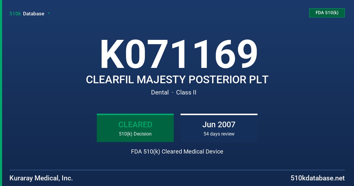 K071169 CLEARFIL MAJESTY POSTERIOR PLT FDA 510(k) Cleared Medical Device