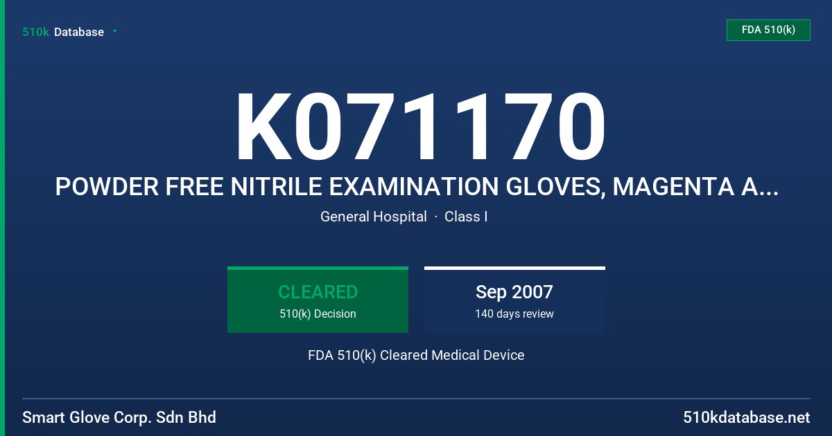 K071170 POWDER FREE NITRILE EXAMINATION GLOVES, MAGENTA AND WHITE COLOR COATED WITH ALLOGEL FDA 510(k) Cleared Medical Device