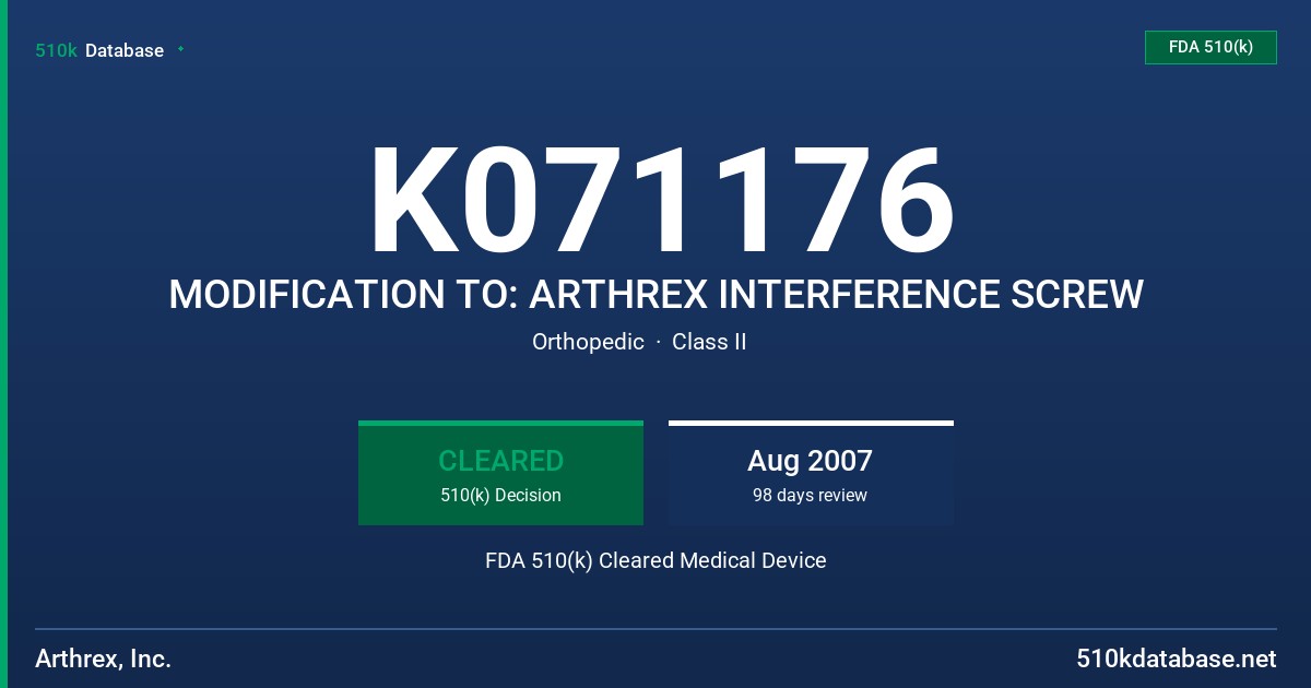 K071176 MODIFICATION TO: ARTHREX INTERFERENCE SCREW FDA 510(k) Cleared Medical Device