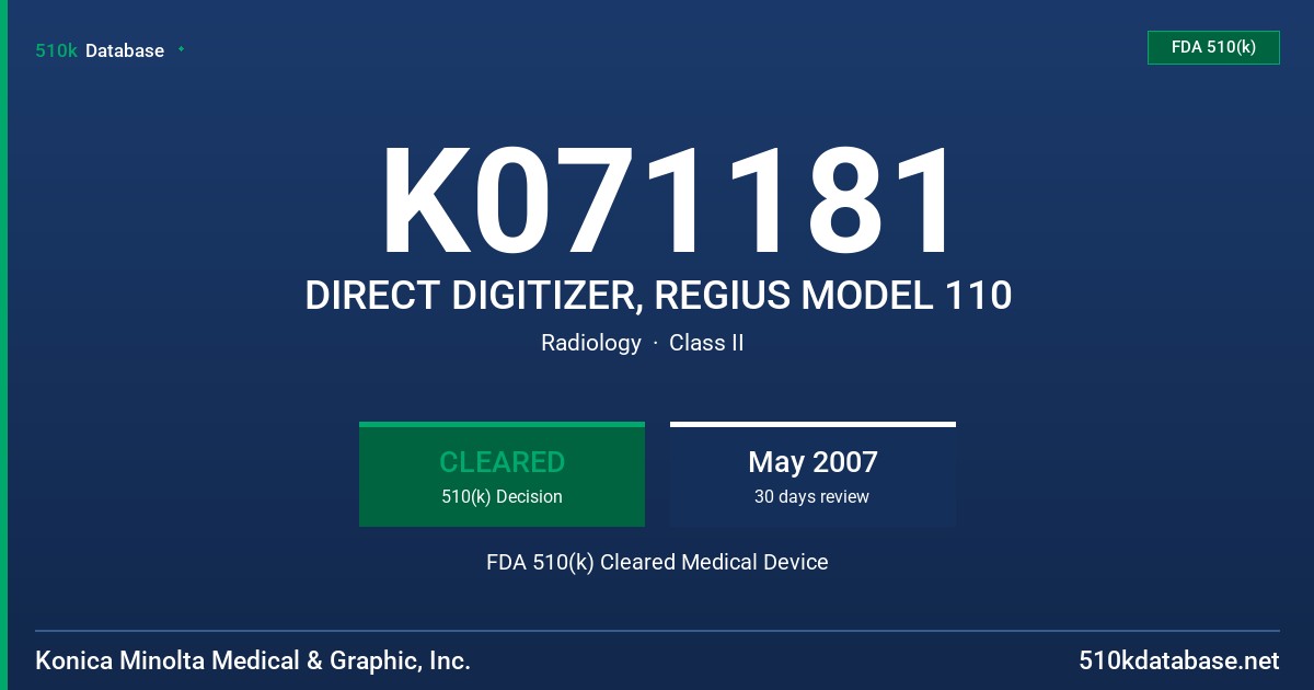 K071181 DIRECT DIGITIZER, REGIUS MODEL 110 FDA 510(k) Cleared Medical Device