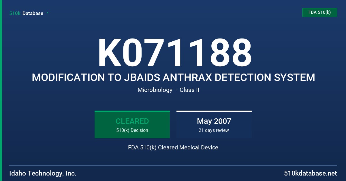 K071188 MODIFICATION TO JBAIDS ANTHRAX DETECTION SYSTEM FDA 510(k) Cleared Medical Device