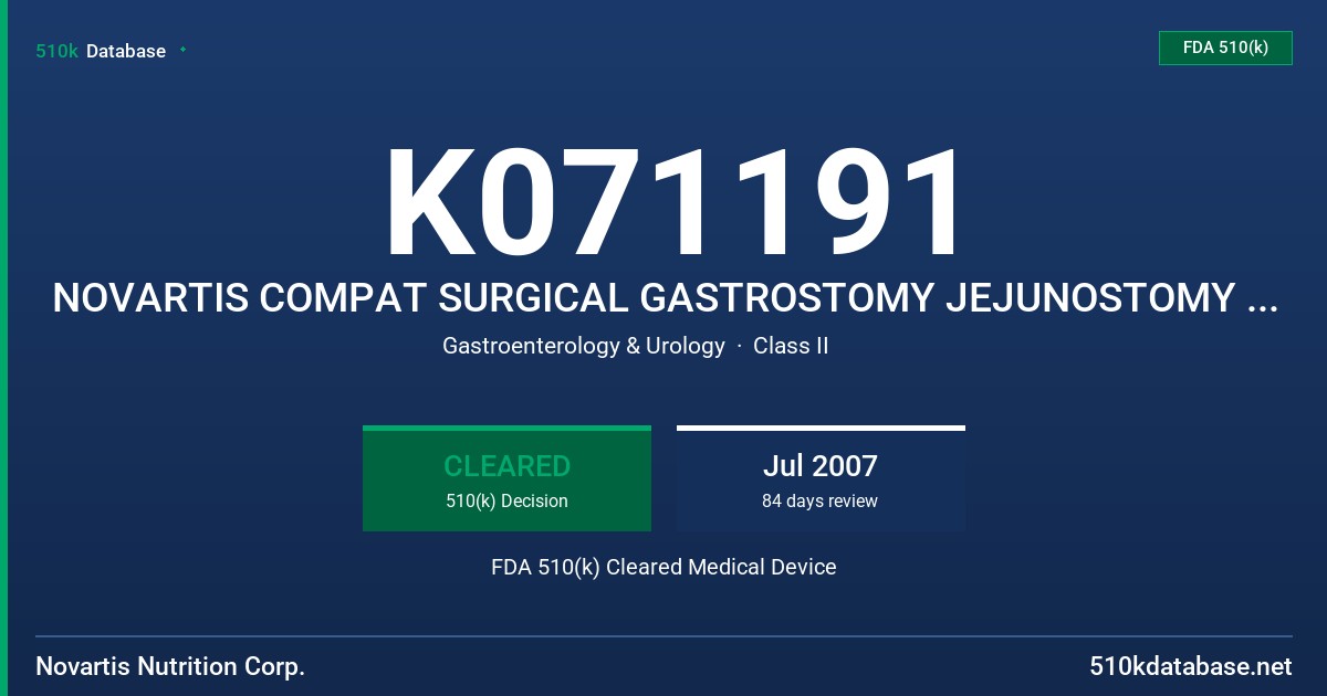 K071191 NOVARTIS COMPAT SURGICAL GASTROSTOMY JEJUNOSTOMY FEEDING TUBE KIT FDA 510(k) Cleared Medical Device