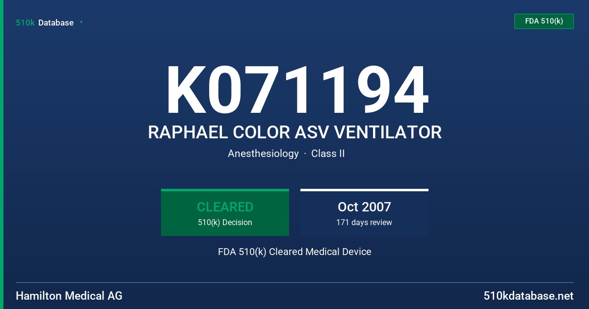 K071194 RAPHAEL COLOR ASV VENTILATOR FDA 510(k) Cleared Medical Device
