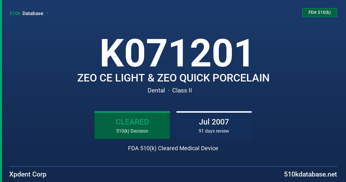 K071201 ZEO CE LIGHT & ZEO QUICK PORCELAIN FDA 510(k) Cleared Medical Device