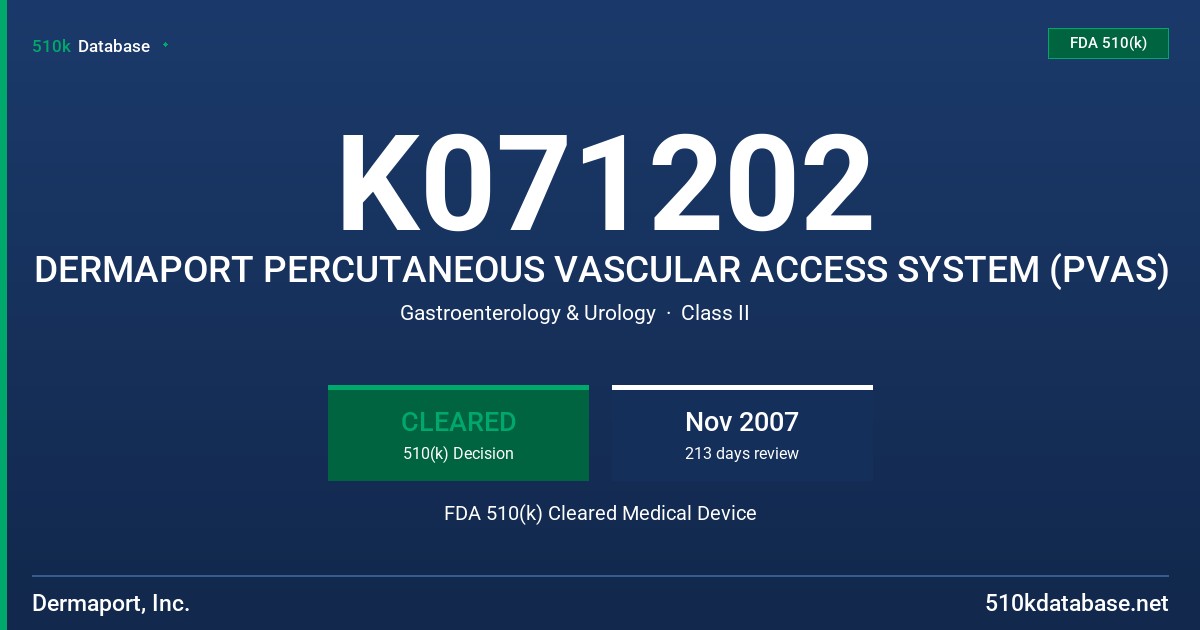 K071202 DERMAPORT PERCUTANEOUS VASCULAR ACCESS SYSTEM (PVAS) FDA 510(k) Cleared Medical Device