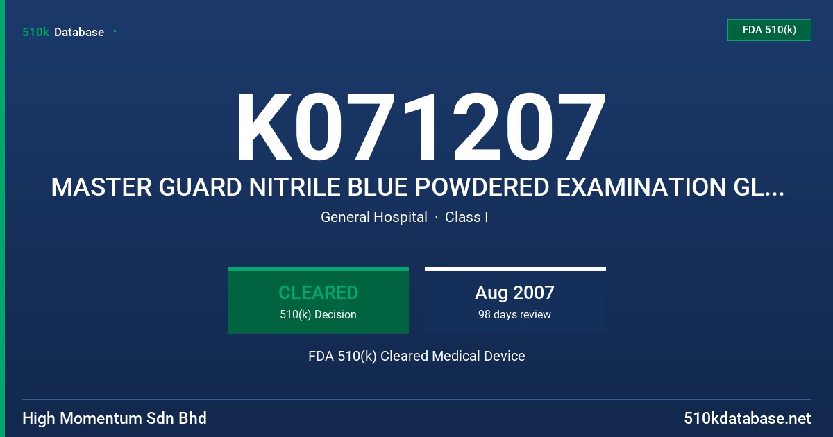 K071207 MASTER GUARD NITRILE BLUE POWDERED EXAMINATION GLOVES FDA 510(k) Cleared Medical Device