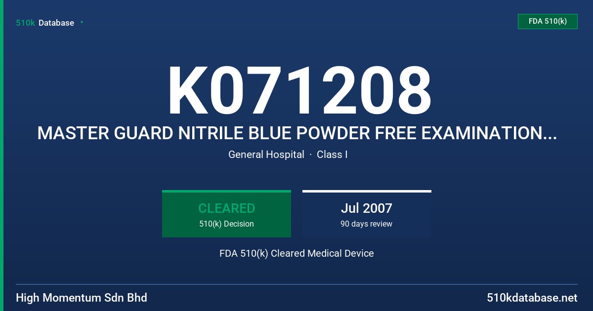 K071208 MASTER GUARD NITRILE BLUE POWDER FREE EXAMINATION GLOVES FDA 510(k) Cleared Medical Device