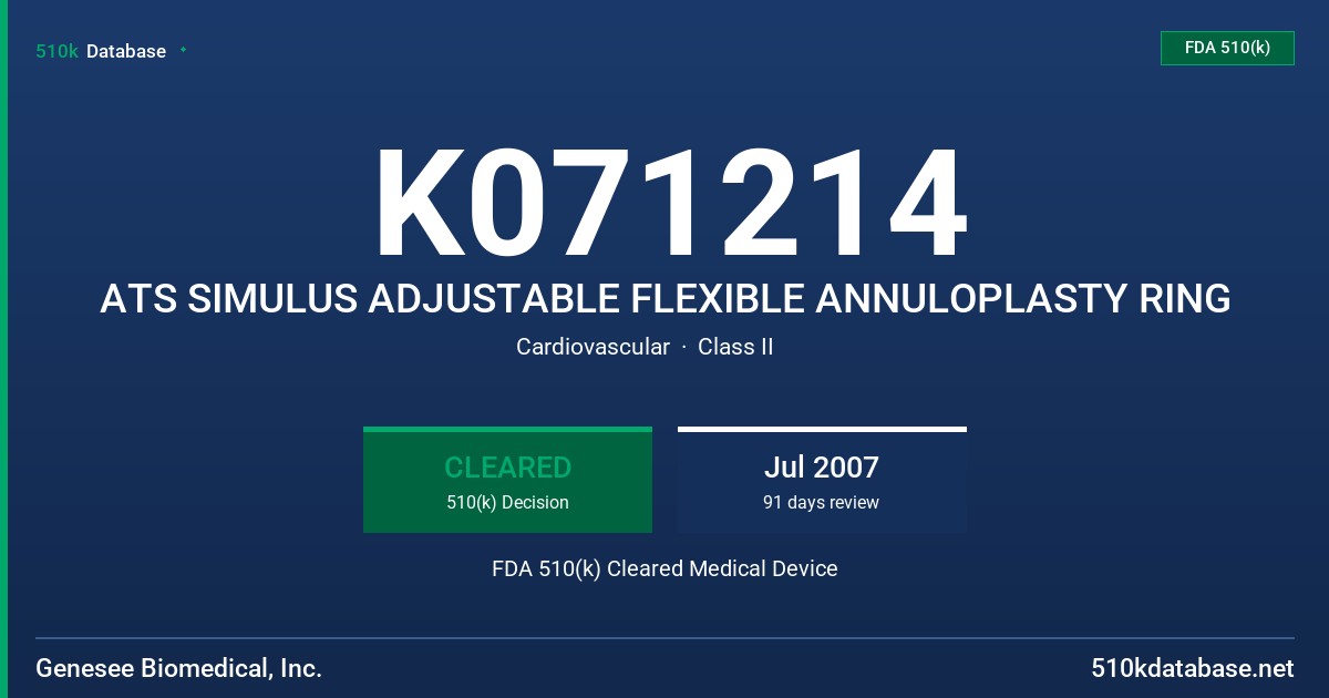 K071214 ATS SIMULUS ADJUSTABLE FLEXIBLE ANNULOPLASTY RING FDA 510(k) Cleared Medical Device