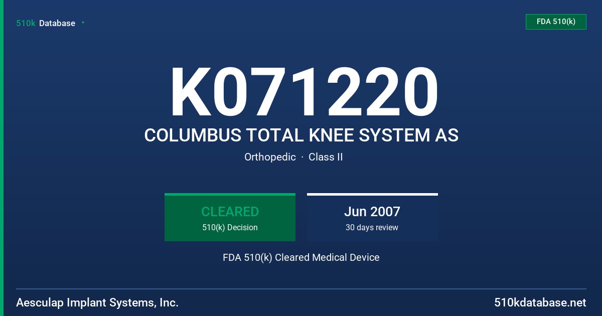 K071220 COLUMBUS TOTAL KNEE SYSTEM AS FDA 510(k) Cleared Medical Device
