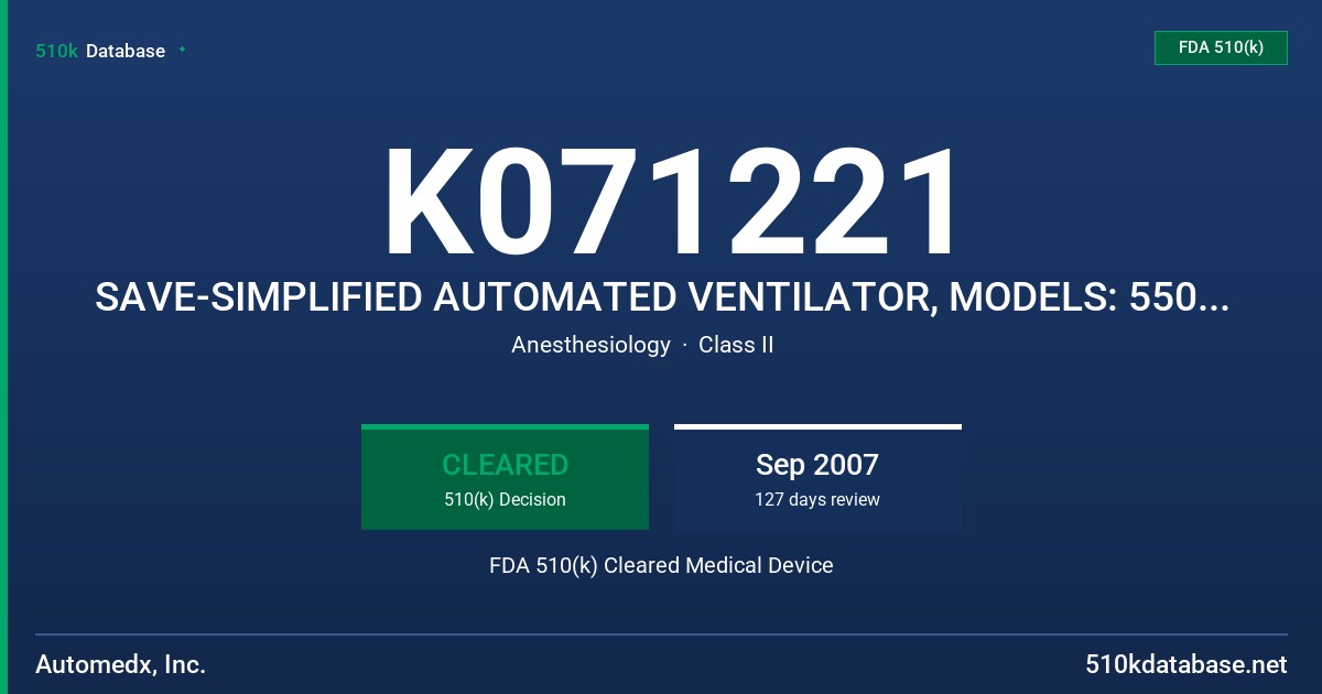 K071221 SAVE-SIMPLIFIED AUTOMATED VENTILATOR, MODELS: 550X10, 600X10 AND 600X12 FDA 510(k) Cleared Medical Device