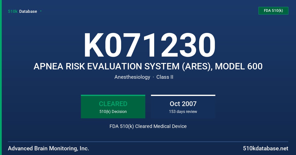 K071230 APNEA RISK EVALUATION SYSTEM (ARES), MODEL 600 FDA 510(k) Cleared Medical Device