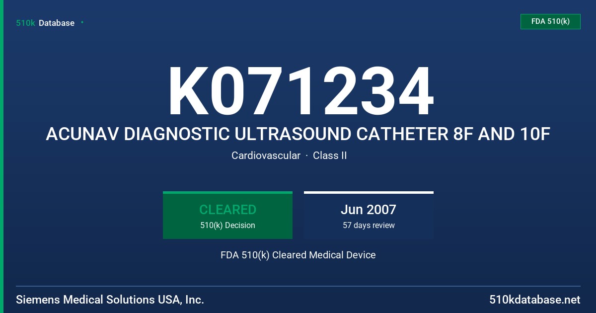 K071234 ACUNAV DIAGNOSTIC ULTRASOUND CATHETER 8F AND 10F FDA 510(k) Cleared Medical Device