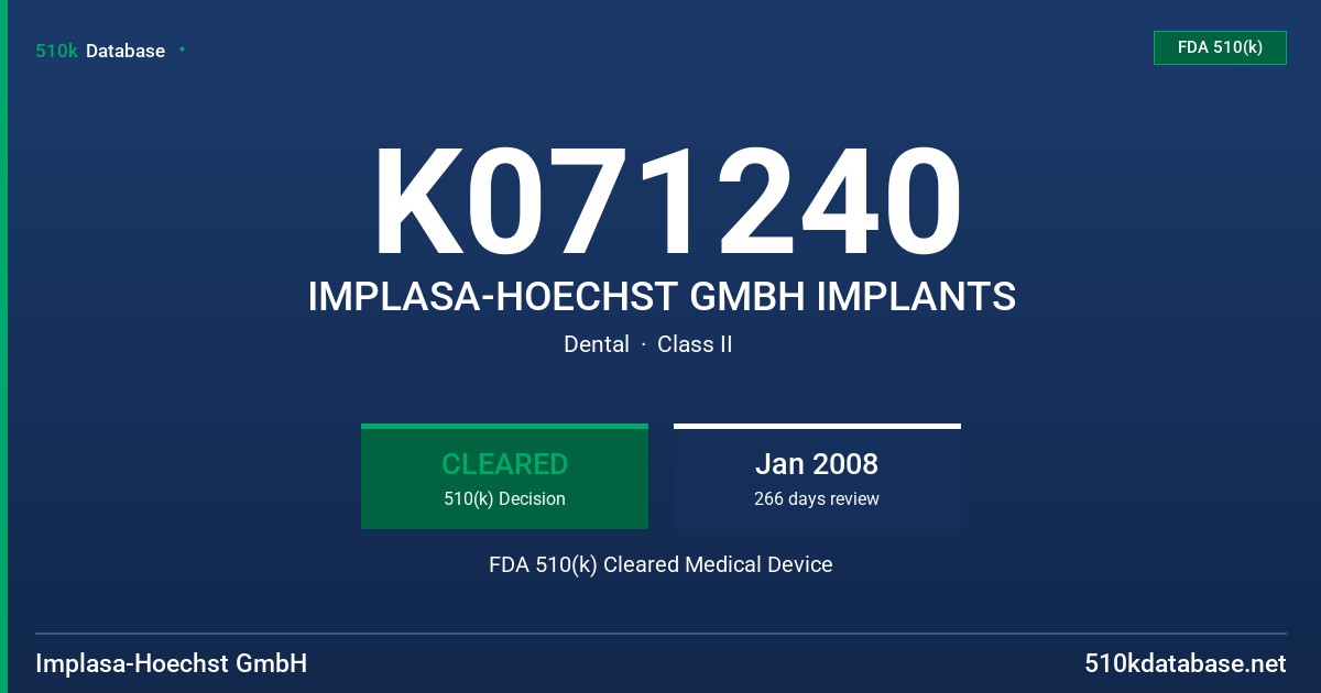 K071240 IMPLASA-HOECHST GMBH IMPLANTS FDA 510(k) Cleared Medical Device