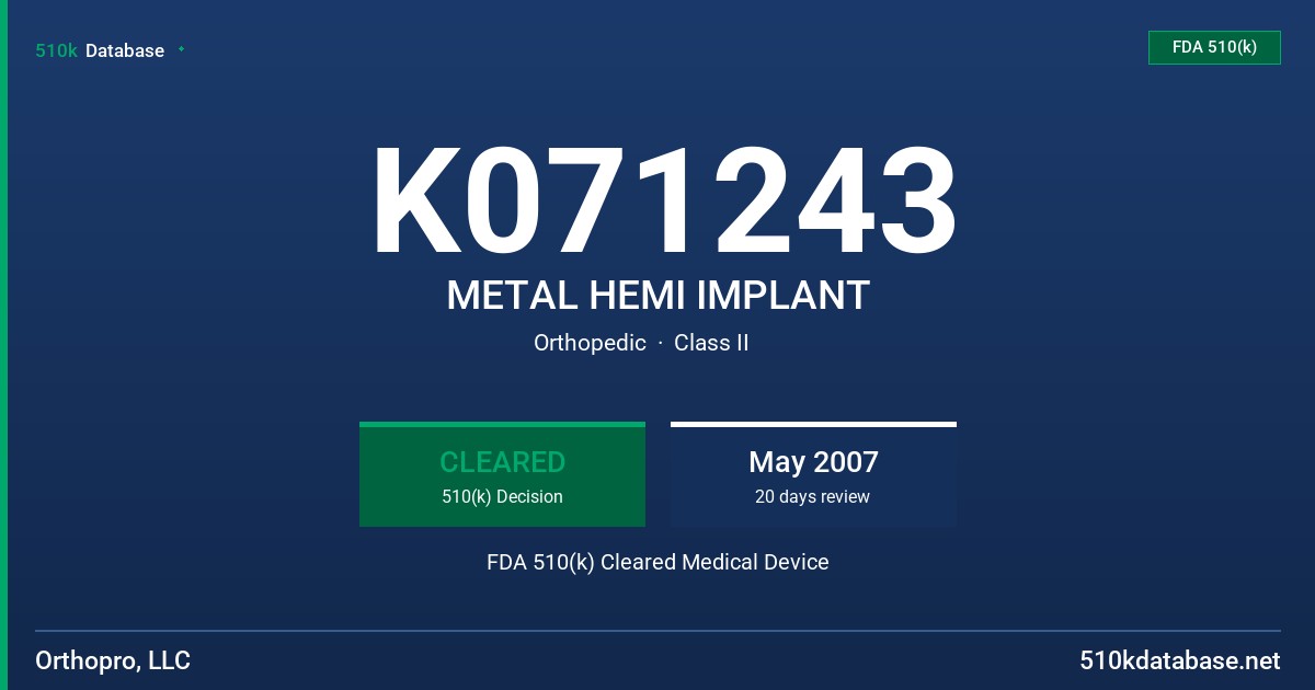 K071243 METAL HEMI IMPLANT FDA 510(k) Cleared Medical Device