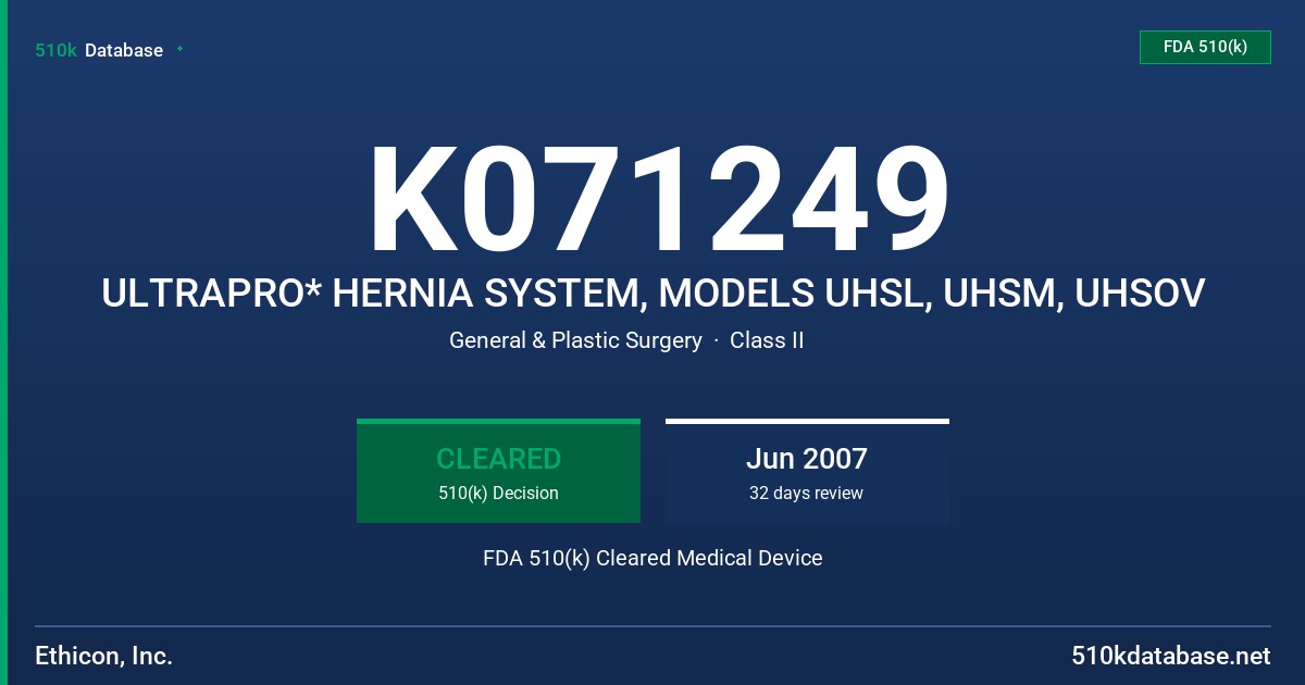 K071249 ULTRAPRO* HERNIA SYSTEM, MODELS UHSL, UHSM, UHSOV FDA 510(k) Cleared Medical Device